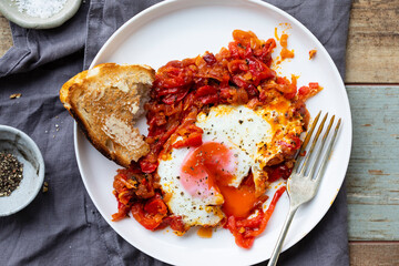 Nduja eggs with fried red peppers and onion