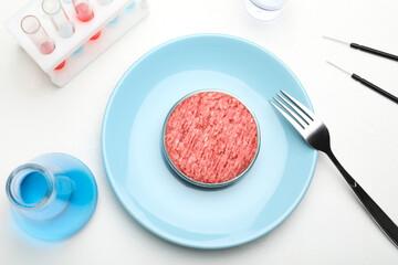 Minced cultured meat served on white lab table, flat lay