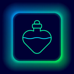 Glowing neon line Bottle with love potion icon isolated on black background. Valentines day symbol. Colorful outline concept. Vector