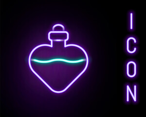 Obraz premium Glowing neon line Bottle with love potion icon isolated on black background. Valentines day symbol. Colorful outline concept. Vector
