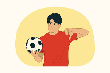 Young man football fan showing thumb down concept