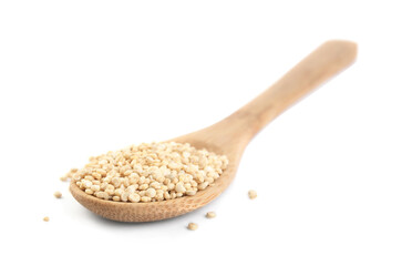 Fototapeta na wymiar Wooden spoon with quinoa on white background