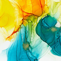 Alcohol ink air texture. Azure, blue, yellow, orange abstract background with golden glitters....