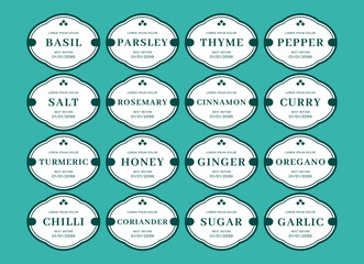 Kitchen seasoning jar label sticker classic vintage style set in tosca color