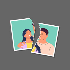 Fototapeta na wymiar Torn photo of happy young couple template. Divorce, break up, end of relationship concept. Flat style stock vector illustration. On gray background.