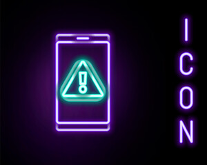 Glowing neon line Mobile phone with exclamation mark icon isolated on black background. Alert message smartphone notification. Colorful outline concept. Vector