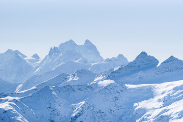 Snowy Caucasus mountains Ushba, Schelda, Kogutai in winter, view from Elbrus slope; Kabardino-Balkaria, Russia