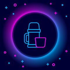 Glowing neon line Thermos container and cup icon isolated on black background. Thermo flask icon. Camping and hiking equipment. Colorful outline concept. Vector