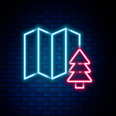 Glowing neon line Location of the forest on a map icon isolated on brick wall background. Colorful outline concept. Vector