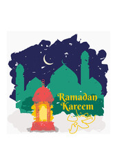 Editable Vector of Brush Strokes Style of Arabian Lantern and Mosque Silhouette on Night Scene With Crescent Moon on Sky for Ramadan Kareem Illustration