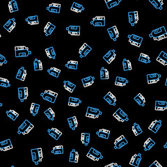 Line Plastic bottles for laundry detergent, bleach, dishwashing liquid or another cleaning agent icon isolated seamless pattern on black background. Vector