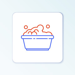 Line Plastic basin with soap suds icon isolated on white background. Bowl with water. Washing clothes, cleaning equipment. Colorful outline concept. Vector