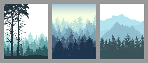 Set of vertical posters. Silhouette of forest, mountains. Beautiful spruce trees and pine. Vector illustration
