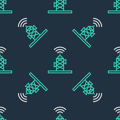 Line Wireless antenna icon isolated seamless pattern on black background. Technology and network signal radio antenna. Vector