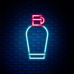 Glowing neon line Canteen water bottle icon isolated on brick wall background. Tourist flask icon. Jar of water use in the campaign. Colorful outline concept. Vector