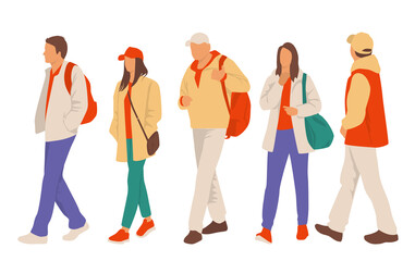 Fototapeta premium Set of man, woman and teenager walking, different colors, cartoon character, silhouettes of group walking people , rear view. Flat icon design concept isolated on a white background