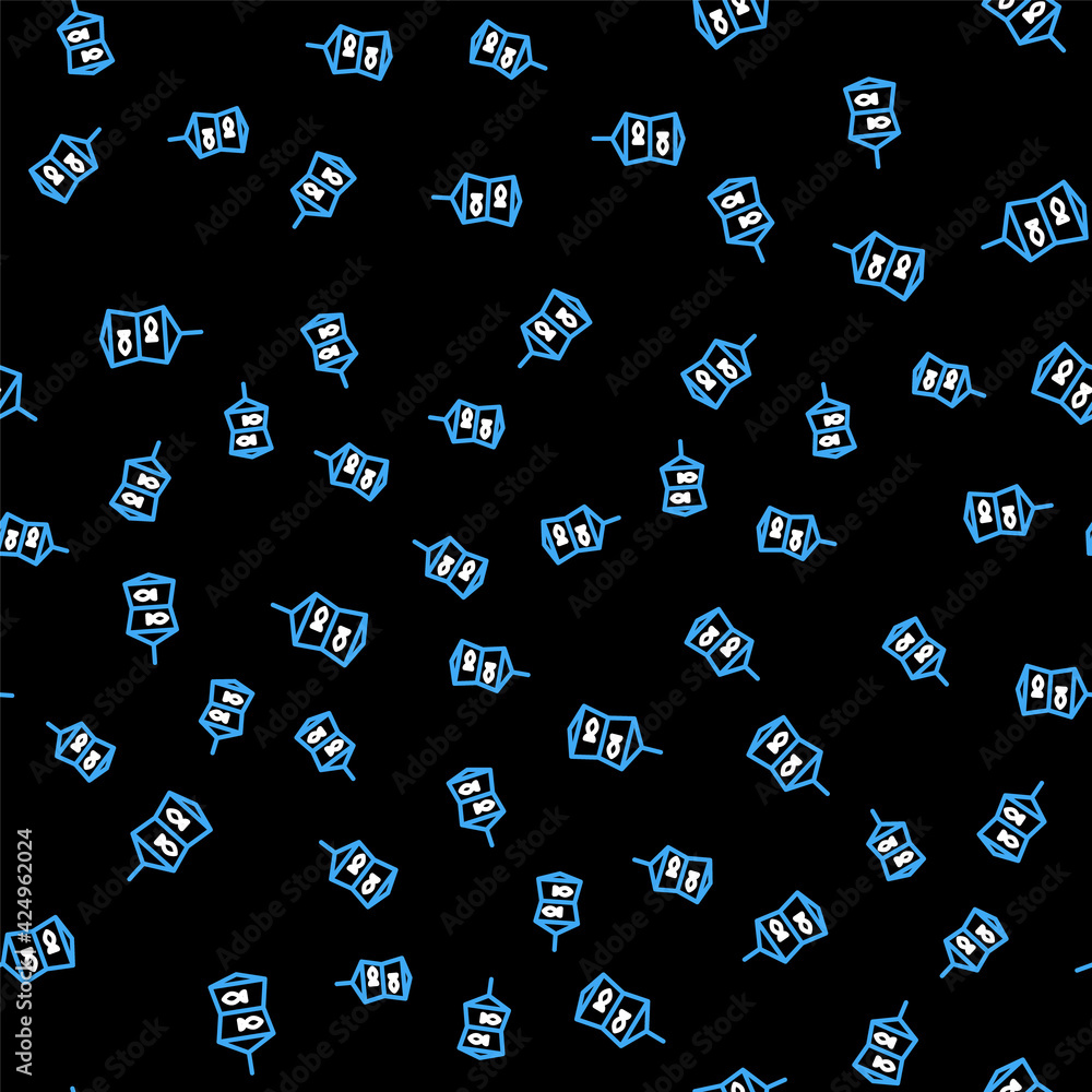 Poster line fishing net with fish icon isolated seamless pattern on black background. vector