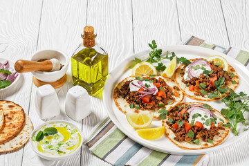 ground Lamb Flatbreads with yogurt, top view