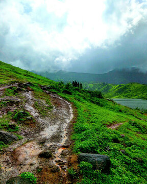 Hiking in wet weather top view of water body rainy days