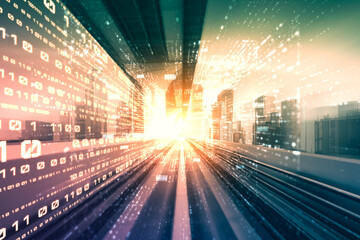 Digital data flow on road with motion blur to create vision of fast speed transfer . Concept of...