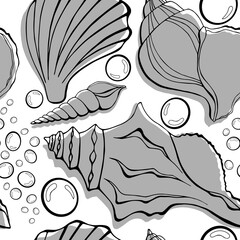 Modern flat outline sea shells, bubbles seamless pattern for fabric, textile, apparel, interior, stationery, wrapping paper, scrapbooking. Trendy marine endless texture. Exotic ocean shells contours.
