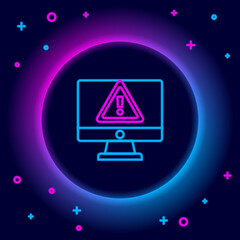 Glowing neon line Computer monitor with exclamation mark icon isolated on black background. Alert message smartphone notification. Colorful outline concept. Vector
