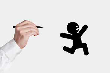 Stickman is escaping from his designer, the businessman with a pen.