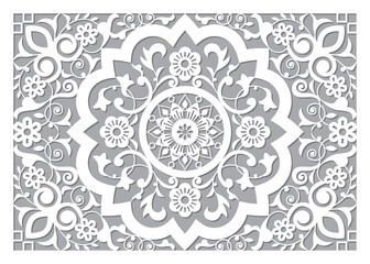 Moroccan retro carved mandala in ractangle frame inspired design, vector detailed arabic pattern with flowers, leaves and swirls - 5x7 format
