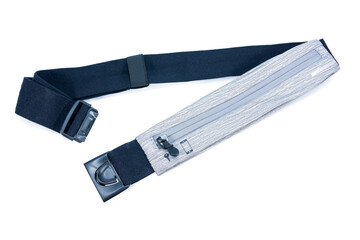 Unlock sport waist bag belt isolated on white background. Gray and black waist bag with zipper and...