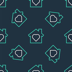 Line House with heart inside icon isolated seamless pattern on black background. Love home symbol. Family, real estate and realty. Vector