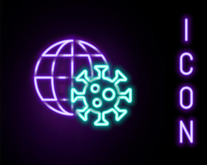 Glowing neon line Earth globe with virus icon isolated on black background. Corona virus 2019-nCoV. Bacteria and germs, cell cancer, microbe, fungi. Colorful outline concept. Vector