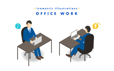 アイソメトリックイラスト ビジネスマンのデスクワーク姿 アイコン吹き出し付き