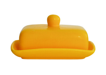 yellow ceramic butter dish isolated on white background