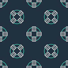 Line Lifebuoy icon isolated seamless pattern on black background. Lifebelt symbol. Vector
