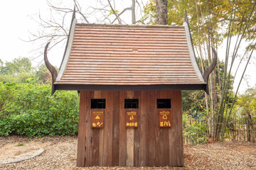 Nature wooden waste bin,  Garbage collection in the nature park