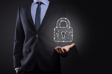 Cyber security network. Padlock icon and internet technology networking. Businessman protecting...