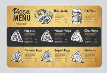 Restaurant pizza menu design. Decorative sketch of pizza. Fast food menu