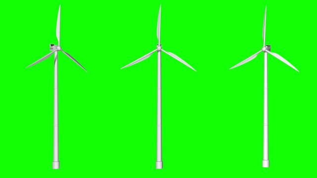 Three wind turbines with green screen alpha channel. The propeller turns. Loop seamless 3D animation