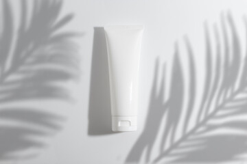 mockup of beauty fashion cosmetic makeup bottle lotion product with skincare healthcare concept on summer palm leaf tree background