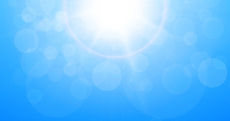 Sun with lens flare and bokeh of lights, summer or spring natural background as nature hot sunny day, vector illustration.