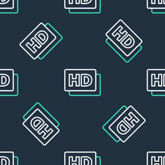 Line Hd movie, tape, frame icon isolated seamless pattern on black background. Vector