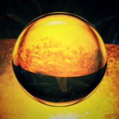 A glass sphere, suspended in the air, apparently made of orange beer (with bubbles).
