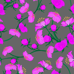 Fototapeta na wymiar Pink wild flowers on grey background. Seamless floral pattern, vector.