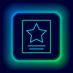 Glowing neon line Hollywood walk of fame star on celebrity boulevard icon isolated on black background. Famous sidewalk, boulevard actor. Colorful outline concept. Vector