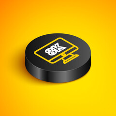 Isometric line Computer PC monitor display with 8k video technology icon isolated on yellow background. Black circle button. Vector