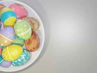 Composition of easter colored eggs in dish over white fabric background with space for your text. 3D rendering, Happy Easter, Palm Sunday, Top view. 
