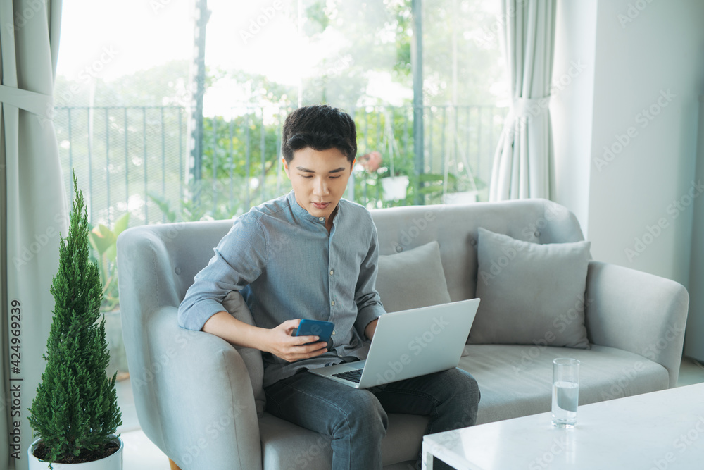 Poster smiling young man typing on mobile phone while sitting on a sofa at home with laptop computer