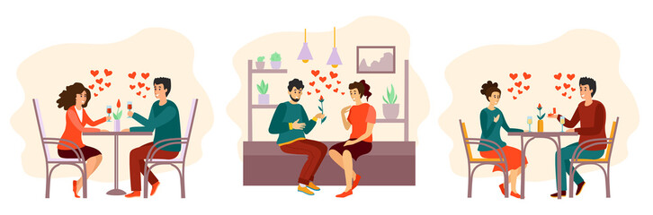 Romantic dinner dating couples flat isolated characters collection with lovers. Collection of romantic couples isolated on white background. Set of portraits of men and women in love