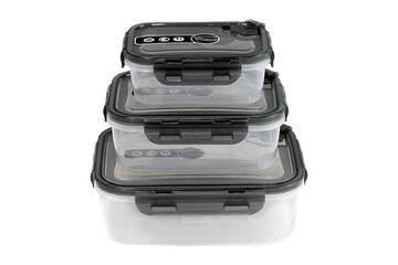 A empty plastic containers with airtight lids for food storage, compatible with microwave and dishwasher