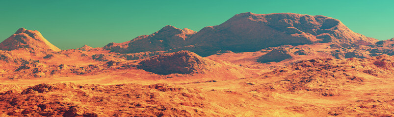 Mars landscape panorama, 3d render of imaginary mars planet terrain, orange desert with mountains, realistic science fiction illustration.